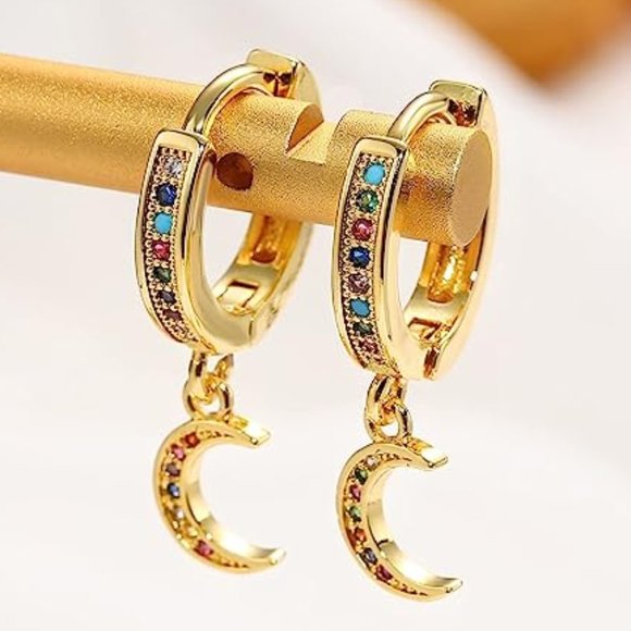 New Multicolor Moon Rhinestone Huggie Hoop Earrings CZ Pave Hoops Crystals New - Picture 4 of 4